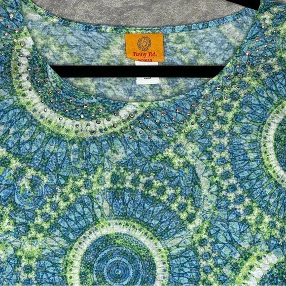 Ruby Rd 1X Shirt Top Blue Paisley Cap Short Sleeve Round Neck Knit Casual Womens - Picture 3 of 6